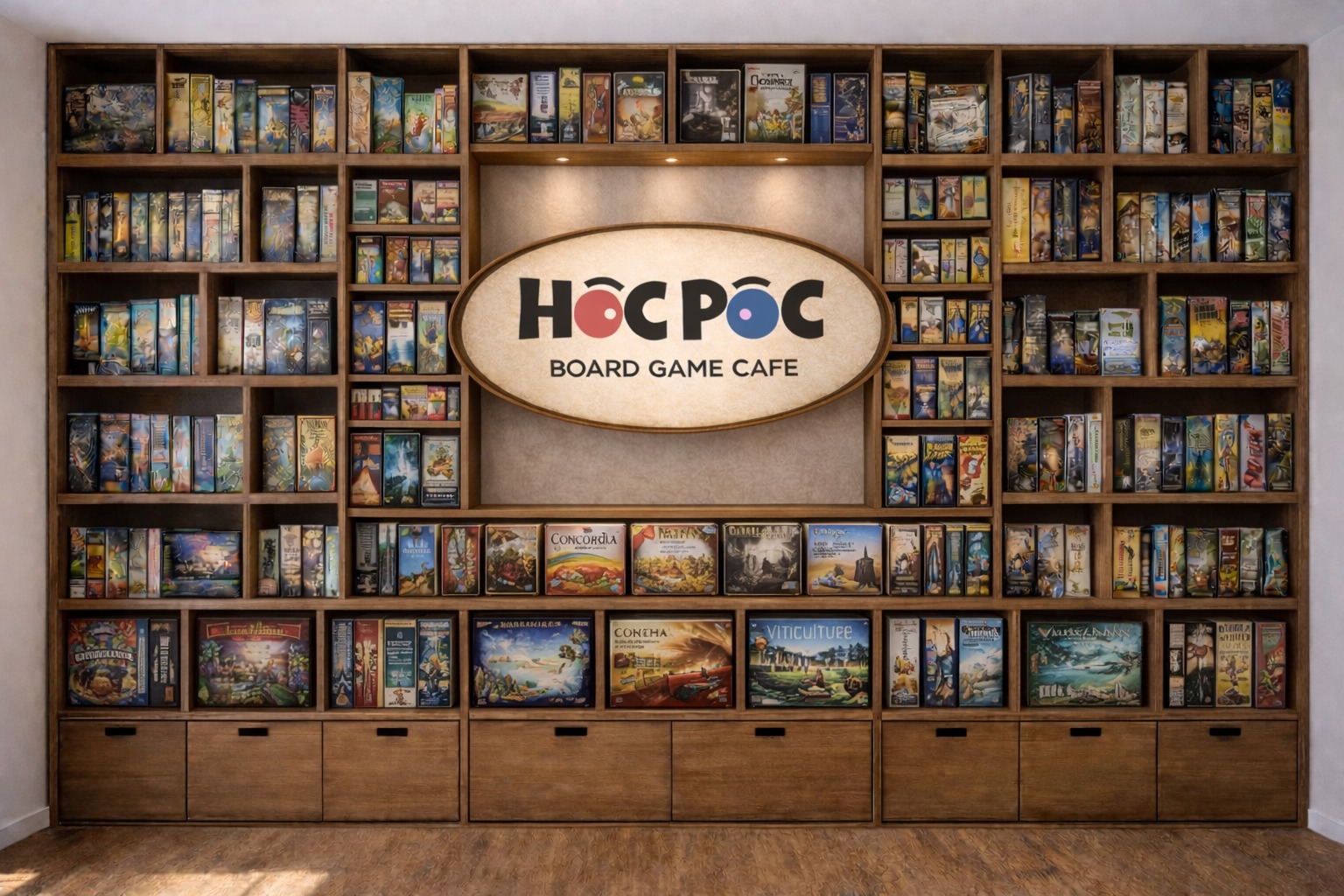 HocPoc Board Game Cafe — shelves filled with 250+ board games